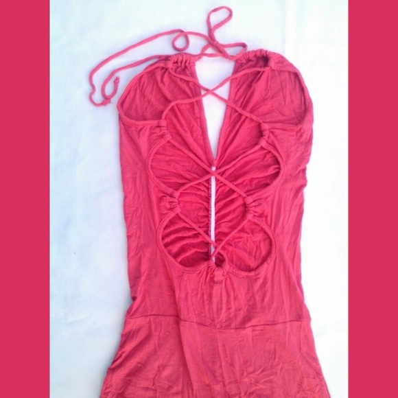 Coral Open Back Crisscross Halter Maxi Tube Dress Symphony Full Length Sexy Sm - Picture 3 of 7